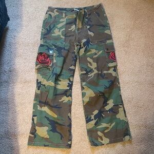 Camo Wide Leg Cargo Pants with Rose Patch